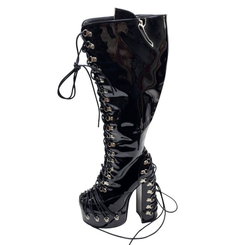 Black Leather Knee-High Lace-Up Platform Boots 6 Frankie Hsu Gothic side Zipper - Picture 7 of 9